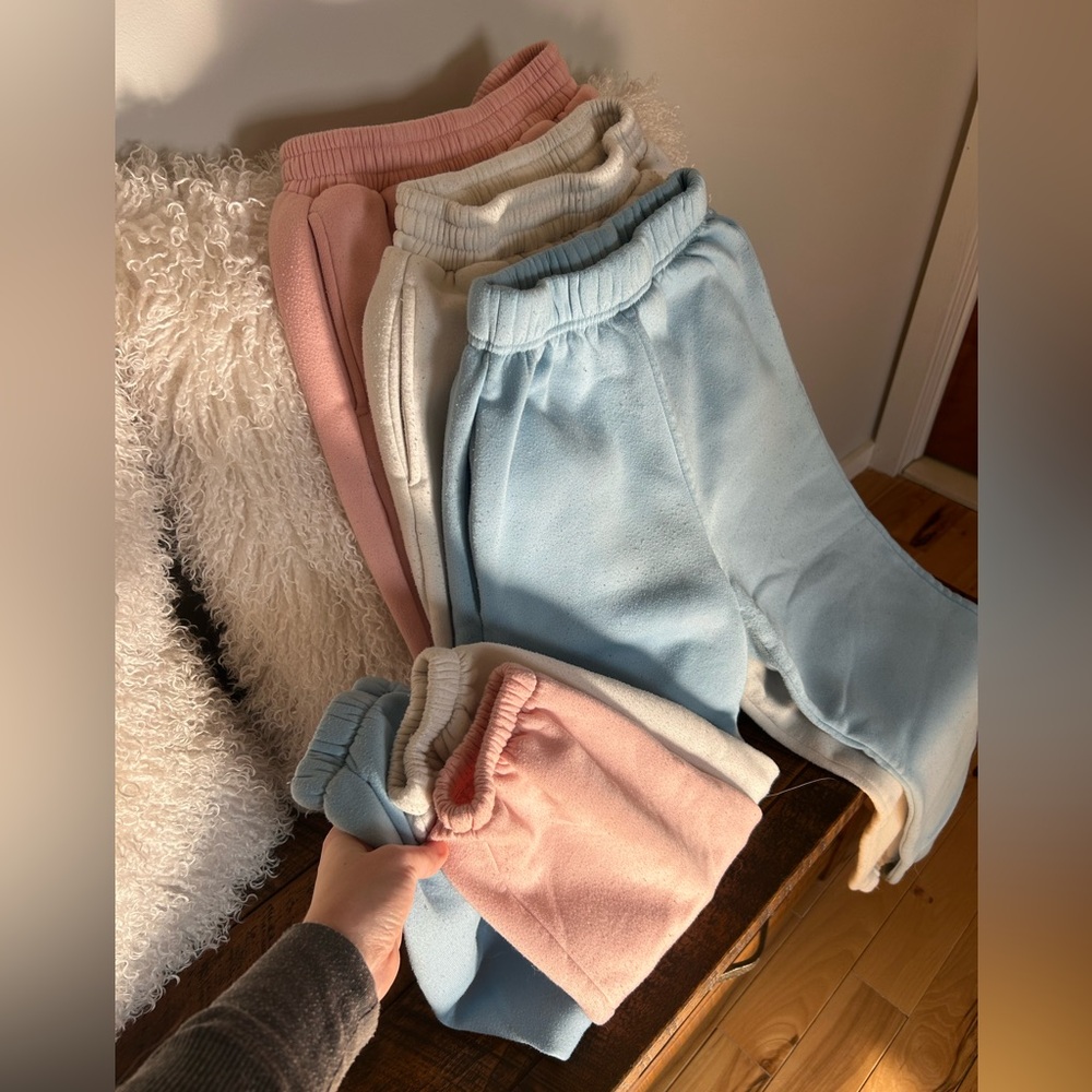 SOLD Set of 3 Cozy Pastel Sweat Pants w Pockets - Blue, Pink, White
